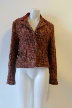 WOMENS KAREN KANE LIFESTYLE BROWN TAN TWEED  WOOL BLEND BLAZER JACKET L * SIZE: LARGE COLOR: RUST, BROWN, TAN TWEED PATTERN LONG SLEEVE 3-BUTTON CLOSURE SLIP MINI POCKETS BACK WAIST STRAP SINGLE BUTTON CLOSURE AT CUFFS VENTLESS BROCADE ACCENT COLLAR LINED MATERIALS: 47% ACRYLIC 29% WOOL 15% POLYESTER 9% NYLON MEASUREMENTS: FLAT & UN-STRETCHED SHOULDER: 17" ARMPIT: 20" WAIST: 18" SLEEVE: 25" LENGTH: 20 5/8" PRE-OWNED, IN VERY GOOD CONDITION. ..ilne_rogf_1105-4** Images sell! Get Supersized Images Brown Tweed Jacket With Pockets For Office, Brown Single-breasted Tweed Jacket For Office, Brown Single Breasted Tweed Jacket For Office, Brown Tweed Blazer For Work, Brown Tweed Blazer For Formal Occasions, Formal Brown Tweed Blazer, Brown Long Sleeve Tweed Jacket For Business, Business Brown Long Sleeve Tweed Jacket, Business Long Sleeve Brown Tweed Jacket