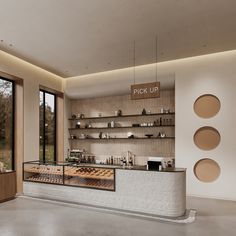 the inside of a pick up store with lots of counter space and shelves filled with items