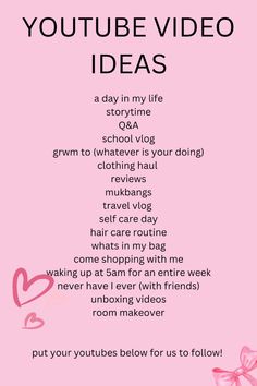 a pink poster with the words youtube video ideas