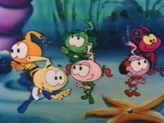 an image of cartoon characters in the water with starfishs and octopuses around them