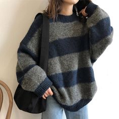 Retro Revival, Oversized Striped Sweater, Striped Knitted Sweater, Contemporary Streetwear, Oversize Pullover, Pull Oversize, Stripe Outfits, Loose Pullover, Oversized Pullover