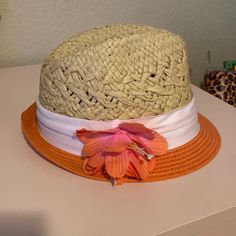 Super Cute Women’s Or Girls Fedora Style Hat. Fits Smaller Sized Heads. Straw Hat With Orange Straw Brim, White Cloth Band, And Orange Flower. Perfect For Summer. Never Worn. Fedora Style, Flower Orange, Hat Fits, White Cloth, White Hat, Orange Flower, Orange Flowers, Strawberry Shortcake, Cute Woman