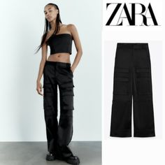 Blogger's Fave! Zara Satin Cargo Pants Black New With Tags High-Waisted Pants With Side Pockets, False Back Flap Pockets, And Patch Pockets At Legs. Front Zip And Metal Hook Closure. Please Note: Size Small Came From Warehouse Without Tag. Respectful Offers Only! Fitted Pants With Cargo Pockets For Night Out, Fitted Cargo Bottoms For Night Out, High Waist Pants With Cargo Pockets For Night Out, Chic Fitted Black Cargo Pants, Chic Black Fitted Cargo Pants, Fitted Parachute Pants With Pockets For Night Out, Zara Fitted Wide Leg Cargo Pants, Zara Fitted Cargo Pants For Work, Fitted Zara Cargo Pants For Work