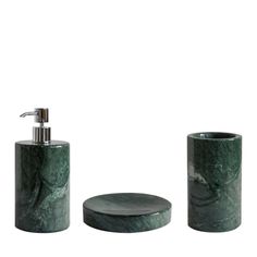 green marble bathroom accessories set with soap dispenser and toothbrush holder on white background