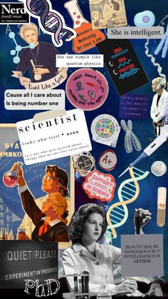 a collage of photos and text on a blue background with images of women in science