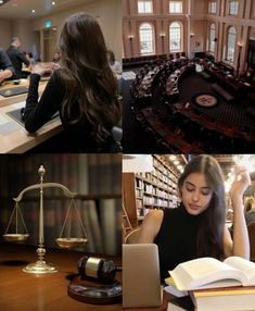 three pictures with people sitting at desks and books