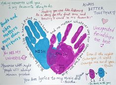 a child's handprint with words written on it and two hands in the shape of a heart