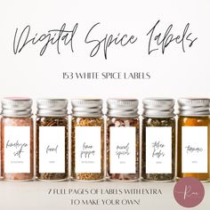 six jars with labels on them and the words, vegetable spice labels are in white lettering