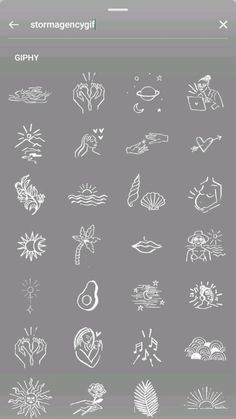 the icons are drawn in white ink on a gray background, including flowers and leaves