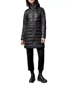 Canada Goose - Cypress Hooded Mid-Length Down Coat Black Winter Travel Outerwear, Black Parka For Winter Sports And Fall, Black Hooded Outerwear For Ski Season, Black Winter Travel Parka, Black Outerwear For Hiking And Ski Season, Black Down Parka For Outdoor Activities, Blue Suede Jacket, Coat Style, Down Coat