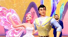 barbie and the fairy prince standing next to each other in front of a colorful background