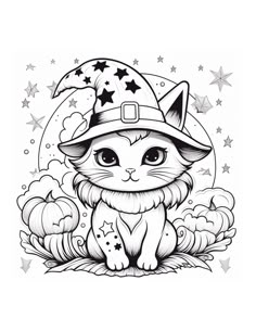 a black and white drawing of a cat wearing a witches hat sitting on the ground