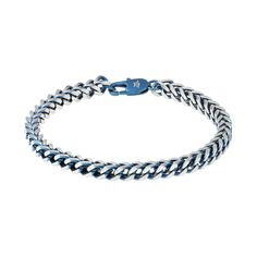 "The blue ion plating make this men's LYNX chain bracelet a unique accessory. The blue ion plating make this men's LYNX chain bracelet a unique accessory. BRACELET DETAILS Length: 8.5 in. Width: 5 mm. Clasp: lobster-claw Chain type: foxtail Metal: blue ion plating over stainless steel Finish: polished Nickel free Packaging: boxed Gift Givers: This item ships in its original packaging. If intended as a gift, the packaging may reveal the contents. Gemstones may have been treated to enhance their a Blue Bracelets With Stainless Steel Clasp As A Gift, Blue Jewelry With Stainless Steel Clasp For Gift, Adjustable Blue Chain Bracelet, Adjustable Blue Jubilee Chain Bracelet, Modern Blue Jewelry With Stainless Steel Clasp, Blue Metal Bracelet With Lobster Clasp, Blue Stainless Steel Chain Jewelry, Blue Chain Link Metal Jewelry, Adjustable Blue Metal Chain Bracelet