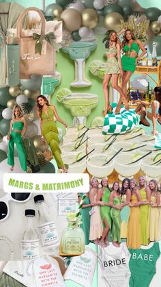 the collage shows many different women dressed in green and white outfits, including dresses