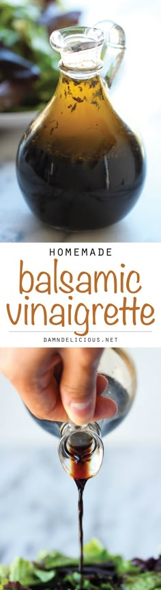 homemade balsamic vinaigrete is being poured into a glass bottle