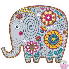 an elephant with colorful flowers on it's head is shown in this coloring page