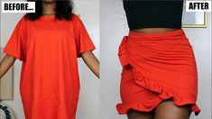 the before and after pictures show how to wear an orange skirt