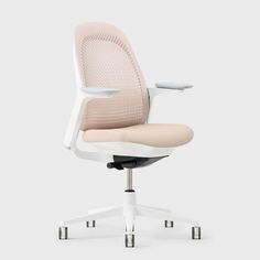 an office chair with a white frame and beige upholstered seat, viewed from the front