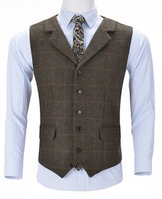 30% Wool / 60% Polyester / 10% Rayon. Plaid. Notch Lapel. Single Breasted 5 Buttons. Back metal elastic adjustment buckle. Full lined. Machine wash / Hand wash. Color or size customization please note in the order Plaid Suits With Pockets For Fall, Fall Plaid Suits With Pockets, Semi-formal Button Vest For Fall, Business Vest With Buttons For Fall, Tweed Vest For Workwear In Fall, Wool Business Vest For Fall, Wool Vest For Business In Fall, Notch Lapel Business Vest For Fall, Classic Vest With Lapel Collar For Fall