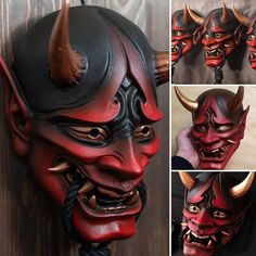 four photos of red and black masks with horns