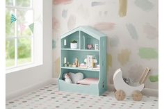 a child's room with a toy horse and book shelf in the corner next to it