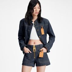 LOUIS VUITTON® - Xxl Zipper Denim Mini Shorts - Indigo Louie Vuttion, Louis Vuitton Official, Raw Denim, Mini Shorts, Silhouette Cut, Denim Mini, Retro Vibe, Chanel, Louis Vuitton