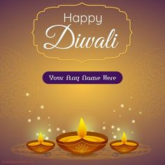 happy diwali greeting card with three lit candles on a purple and yellow background