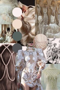 a collage of fashion images including dresses, pearls and necklaces