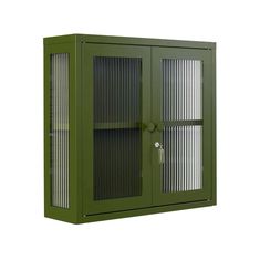 a green metal cabinet with two doors