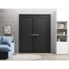 a living room with a couch, bookcase and two black doors on the wall