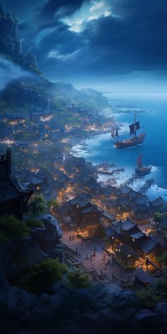 an animated city by the sea at night with ships in the water and lights on