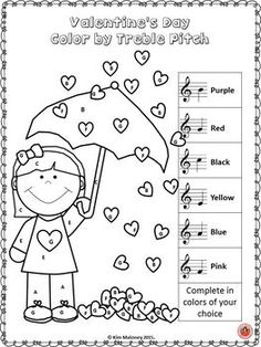 valentine's day color by treble printable worksheet for preschool and elementary