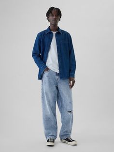 Fit: Extra roomy through the hip & thigh.  Made with a baggy, slightly tapered leg that stacks at your shoes.  Fabric: 13 oz 369 g) rigid denim.  Stretch: No Stretch.  Authentic rigid denim that gets better with every wear.  Made to wear all day & break in over time.  Look: A classic five-pocket jean in a light wash.  Details: Zip fly, five-pocket styling, & distressed details.  Responsibly Made: This pair of jeans is part of our water-saving Washwell program.  Compared with conventional wash me Cheap Men's Jeans With Zip Fly, Cheap Medium Wash Pants For Men, Men's Short Length Cheap Jeans, Affordable 90s Men's Bottoms, Cheap High Rise Jeans For Men, Cheap Urban Men's Jeans, 2022 Jeans Trends Men, Affordable Light Wash Jeans For Streetwear, Cheap Casual Men's Bottoms