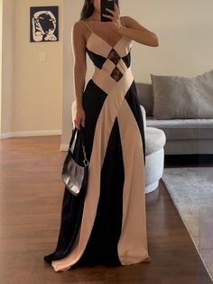 Satin Contrast Black Champagne Maxi Dress Champagne Maxi Dress, Drape Maxi Dress, Sophisticated Dress, Midi Dress Casual, Swimsuit Dress, Maxi Knit Dress, The Temple, Beach Dresses, Black Maxi Dress