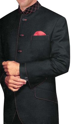 Mens 5 button nehru jacket made in black color 65% polyester and 35% merino wool fabric. It has red color threading at collar, front edges, sleeves cuff, chest pocket and on bottom pocket flaps. The bottom of the jacket is round. Perfect For Weddings, Proms, Cruises, or Any Occasion! Red Fitted Nehru Jacket For Fall, Black Tuxedo With Concealed Placket And Long Sleeves, Designer Long Sleeve Blazer For Groom, Designer Black Nehru Jacket For Formal Occasions, Traditional Black Formal Blazer, Formal Winter Bandhgala With Stand Collar, Winter Formal Bandhgala With Stand Collar, Tailored Bandhgala For Formal Winter Occasions, Traditional Formal Winter Blazer