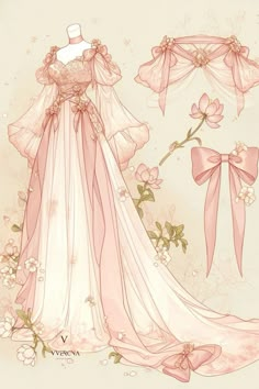 a drawing of a wedding dress with pink flowers and bows on the skirt, along with matching veils