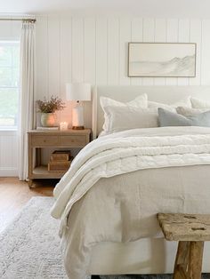 Vertical shiplap, pottery barn bedding Beach Neutral Bedroom, Coastal Modern Primary Bedroom, Studio Mcgee Coastal Bedroom, Bedroom Coastal Granddaughter, Sage Blue Bedroom, Shiplap Master Bed, Warm Coastal Bedroom, Shiplap In Bedroom, Vertical Shiplap Wall Bedroom