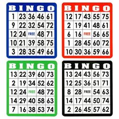 four different colored and black and white numbers with the word bingo written on them in red, green, and blue