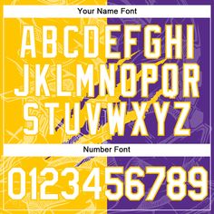 a purple and yellow alphabet with numbers on it, including the letters in different colors