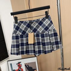 Olivia Mark - Vintage Checked High-Waisted Pleated Skirt with Plaid Design Blue Plaid Skirt, High Waisted Pleated Skirt, Plaid Skirt, Plaid Design, Blue Skirt, Plaid Skirts, Types Of Skirts, Terry Cloth, Blue Plaid