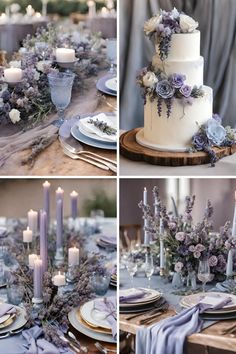 the table is set with purple and white flowers, candles, and plates on it