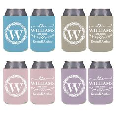 six personalized wedding can coolers with names