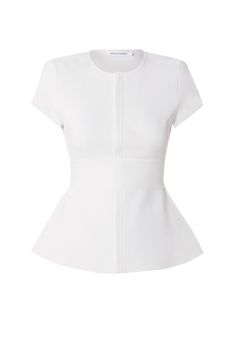 The Short Sleeved Curved Hem Jacket closes at the front with a zip and includes a separate belt to be worn high around the waist. The shoulder line, short sleeves, neckline and peplum all serve to streamline and elongate the body. Tailored White Tops For Work, White Tailored Tops For Work, White Crew Neck Stretch Outerwear, White Crew Neck Outerwear For Work, White Short Sleeve Outerwear For Work, White Fitted Crew Neck Outerwear, Metallic High Heels, Knit Short, Knit Shorts