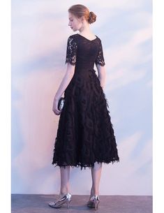 [$68.98] Unique Black Lace Tea Length Semi Formal Dress With Sleeves #J1465 - GemGrace.com Semi Formal Dresses With Sleeves, Formal Dress With Sleeves, Formal Dresses With Sleeves, Semi Formal Dress, Dress With Sleeves, Tea Length, Formal Dress, Semi Formal, Black Lace