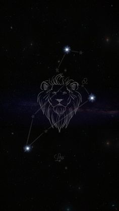 the zodiac sign leo is depicted in the night sky with bright stars and an image of a lion's head