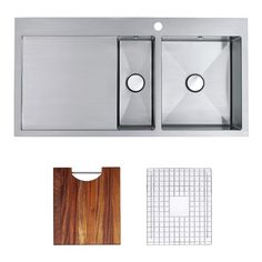 stainless steel double bowl kitchen sink with cutting board and drainer, grid strainers