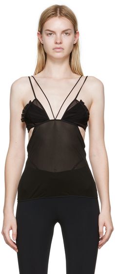 Sheer stretch cupro organza tank top. · Adjustable shoulder straps · Pleats at front · Hook-eye fastening at back Supplier color: Black Bra Tank Top, Bra Tank, Tank Top Bras, Design Drawing, Bag Design, Hook Eye, Black Sleeveless, Online Shopping Clothes, Black Tank Tops