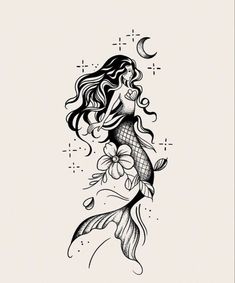 a black and white drawing of a mermaid with flowers