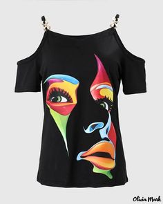 Olivia Mark - Off-the-shoulder abstract figure print top Black Fashion Print Top For Summer, Multicolor Fashion Print Summer Tops, Multicolor Fashion Print Tops For Summer, Summer Multicolor Fashion Print Tops, Summer Fashion Print Multicolor Tops, Trendy Tops With Bold Multicolor Print, Trendy Black Tops With Abstract Print, Trendy Bold Print Multicolor Tops, Trendy Black Top With Abstract Print