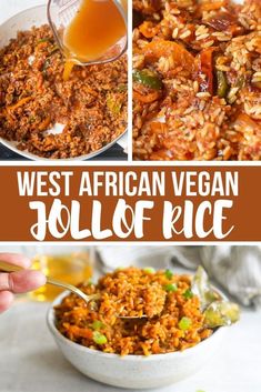 the collage shows different types of food in bowls and on spoons, with text overlay that reads west african vegan hollof rice